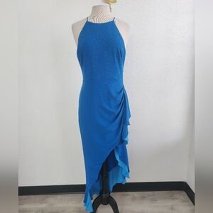 Badgley Mischka Electric Blue Asymmetrical Ruffle Dress